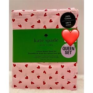 KATE SPADE Queen Sheet Set BRUSHSTROKE HEARTS  Red Hearts Pink Background NEW